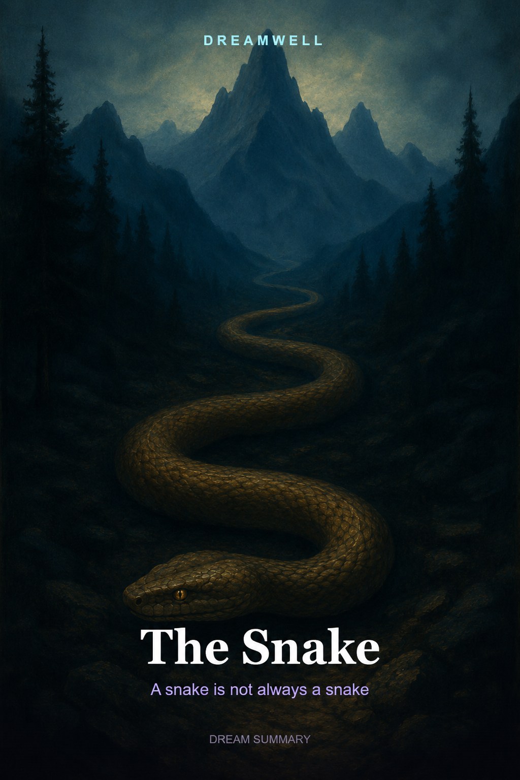 Dream Card titled The Snake, showing a snake winding through a dark mountain landscape